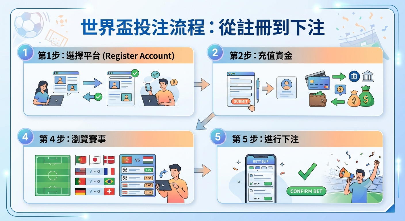這張圖片展示了世界盃投注的流程，標題為「世界盃投注流程：從註冊到下注」。 圖片通過四個步驟的圖示，清晰地說明了從註冊帳號、充值資金、瀏覽賽事到確認下注的過程。