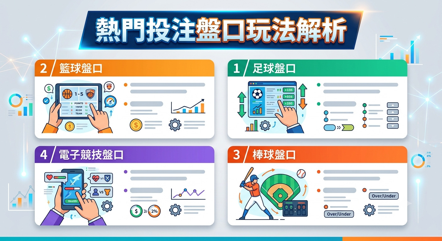 這是一張以「熱門投注盤口玩法解析」為標題的資訊圖表，將足球、籃球、棒球及電子競技的投注盤口以四個區塊呈現。 圖中透過簡潔的圖示與數據分析元素，直觀地展示了各類運動賽事的投注介面與分析邏輯。