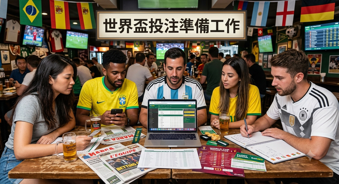 這張圖片展示了一群朋友在酒吧裡為世界盃投注做準備，桌上擺滿了筆記型電腦、報紙和投注單。 畫面中央上方清晰地標示著「世界盃投注準備工作」的標題，營造出專注討論賽事的氛圍。
