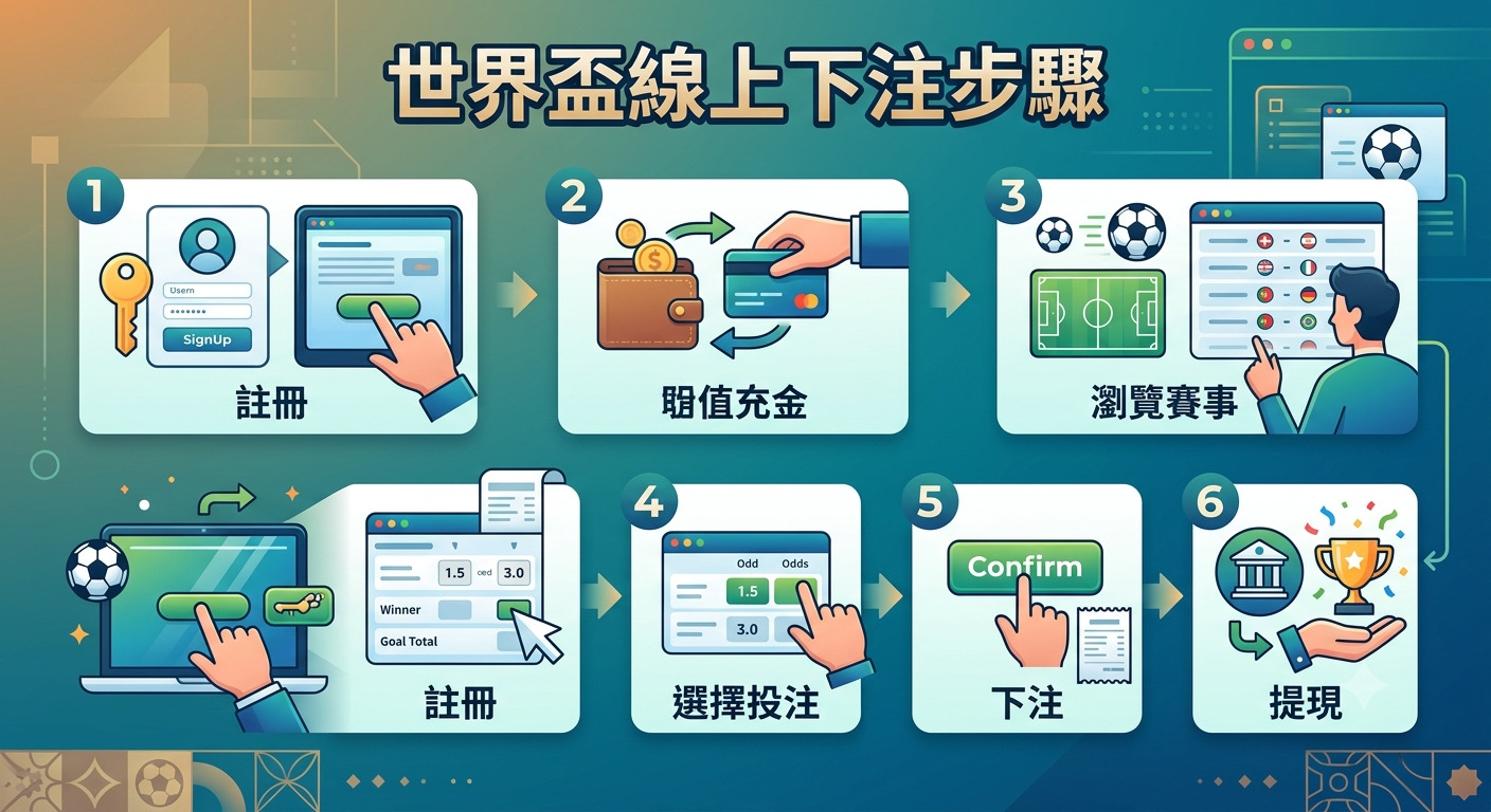 這張圖片呈現了「世界盃線上下注步驟」的圖解指南。 畫面透過六個清晰的步驟與圖示，引導使用者從註冊帳號、儲值、瀏覽賽事、選擇投注到確認下注與提現的完整流程。