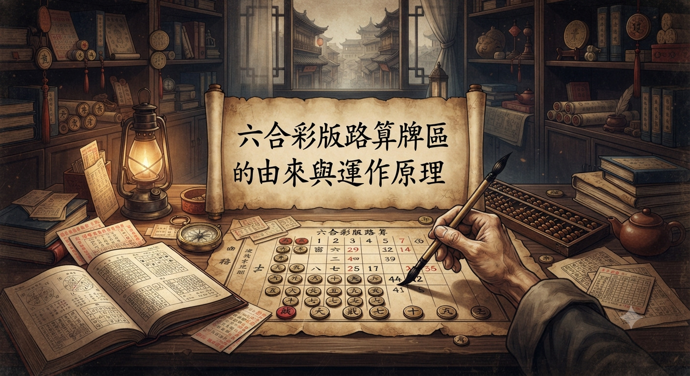 這張圖片展示了一張復古風格的書桌,桌上有舊式算盤、書籍與正在運算中的彩券路紙。 畫面中央有一張展開的古風卷軸,上面清晰寫著主題文字「六合彩版路算牌區的由來與運作原理」。