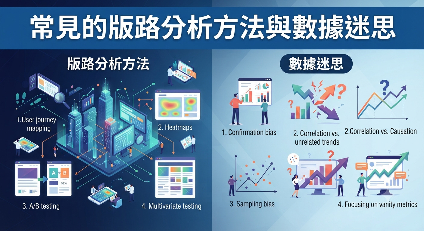 圖片以「常見的版路分析方法與數據迷思」為標題,並分為左右兩欄展示了網頁版型分析技術與常見的數據解讀誤區。 畫面採用藍色科技風格設計,透過數據圖表與插圖,清晰對比了數位分析的實務方法與盲點。