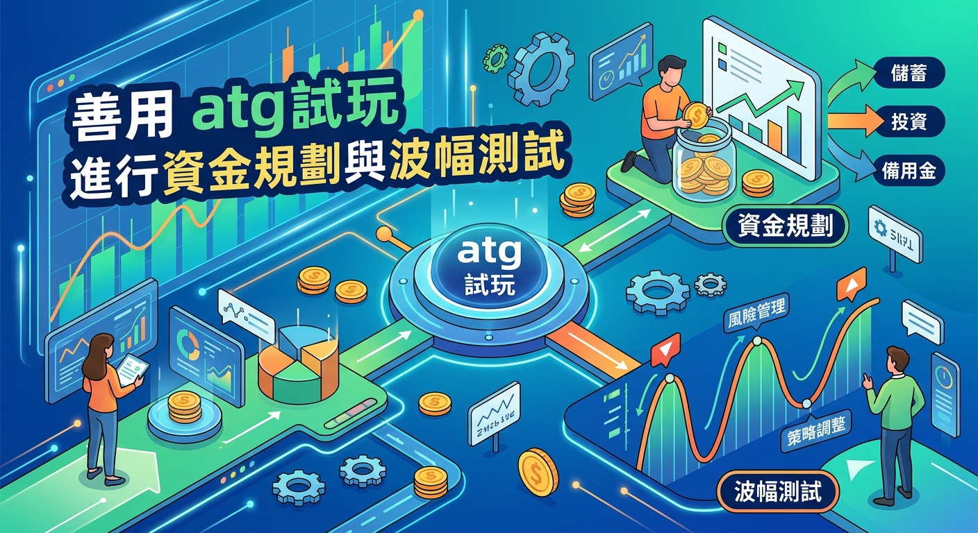 這張圖片呈現現代科技風格的金融分析介面,結合圖表、波幅曲線與資金規劃圖示。 畫面左上方清晰標示主標題「善用 atg試玩 進行資金規劃與波幅測試」,展現專業且具系統性的測試情境。