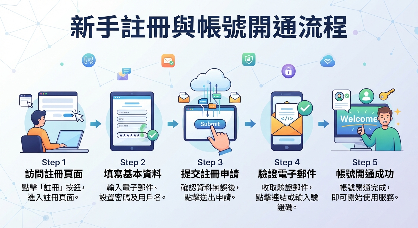 這是一張關於新手註冊與帳號開通流程的圖解資訊圖表。 圖片透過五個步驟的圖示與說明,詳細展示了從訪問頁面到帳號開通成功的完整過程。